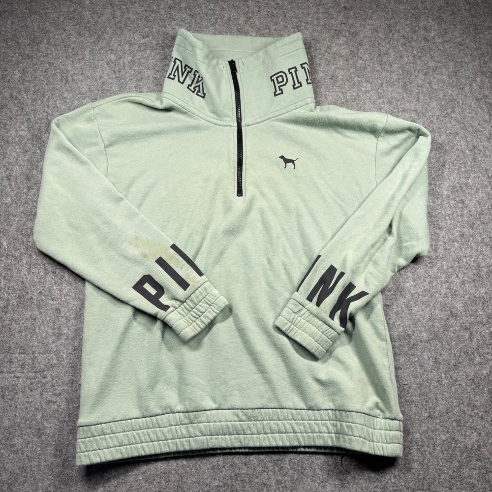 Pink Victoria's Secret Quarter Zip Sweatshirt Sage Green Logo Pullover Womens